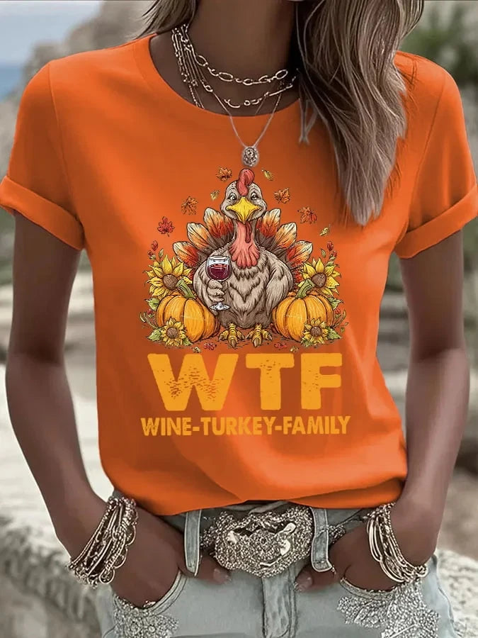 Wtf Wine Turkey Family Glasses T-Shirt Thanksgiving Merch Top Scary Night Presents - Merchluma