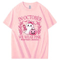 In October We Wear Pink Bow T-Shirt Coquette Pink Ribbon Women's Tee Halloween Gifts - Merchluma