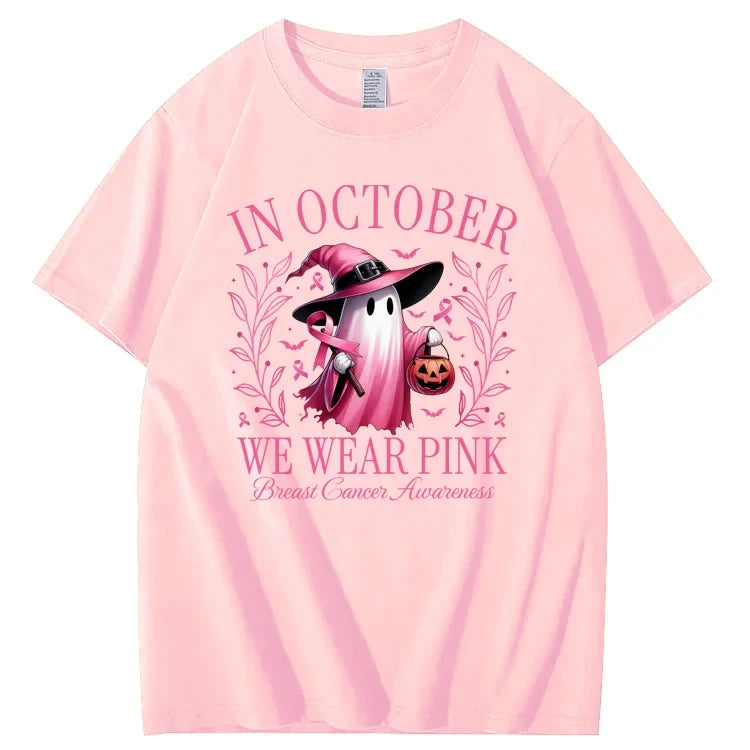In October We Wear Pink Cow T-Shirt Breast Cancer Awareness Tee Halloween Gifts Ideas - Merchluma