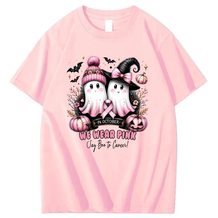 In October We Wear Pink Say Boo To Cancer T-Shirt Breast Cancer Awareness Tee Halloween Gifts - Merchluma