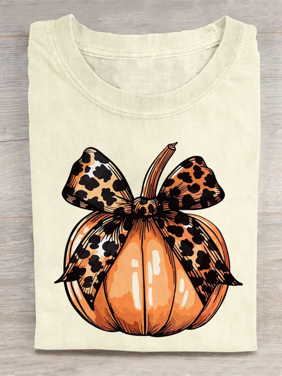 Leopard Halloween Bow T-Shirt Retro Coquette Pumpkin Tee Halloween Gifts Ideas - Merchluma