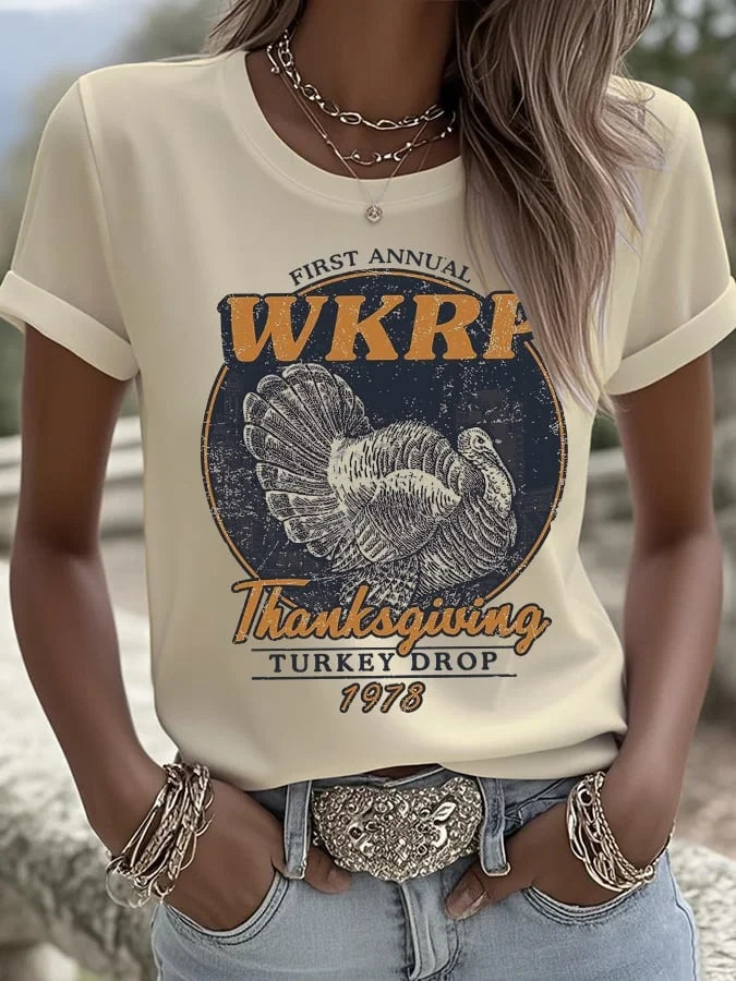 Womens Vintage Thanksgiving Turkey T-Shirt WKRP Turkey Drop Les Nessman Cream Shirt Gifts - Merchluma
