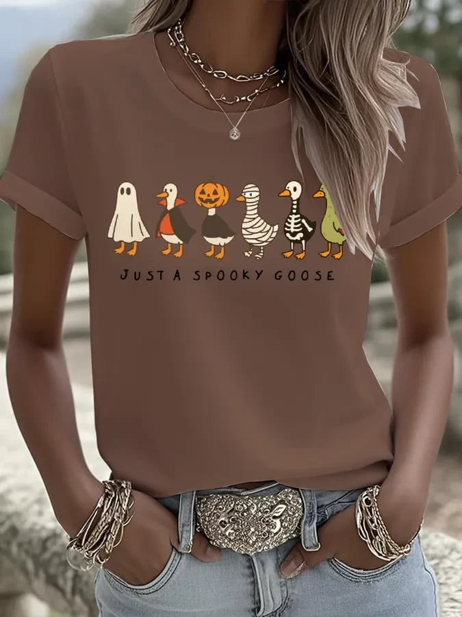 Women's Just A Spooky Goose T-Shirt Halloween Graphic Tees Best Birthday Gift For Her - Merchluma