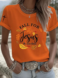 Womens Fall For Jesus He Never Leaves T-Shirt Halloween Themed Clothes Unique Gift For Her - Merchluma