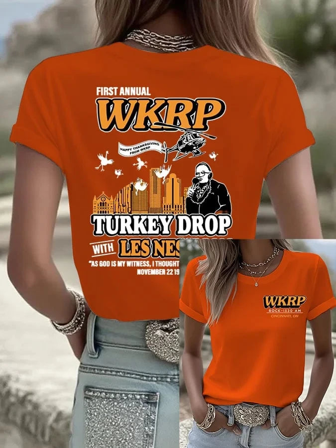 WKRP Turkey Drop Les Nessman Thanksgiving T-Shirt WKRP Merch Gift For Tv Fans - Merchluma