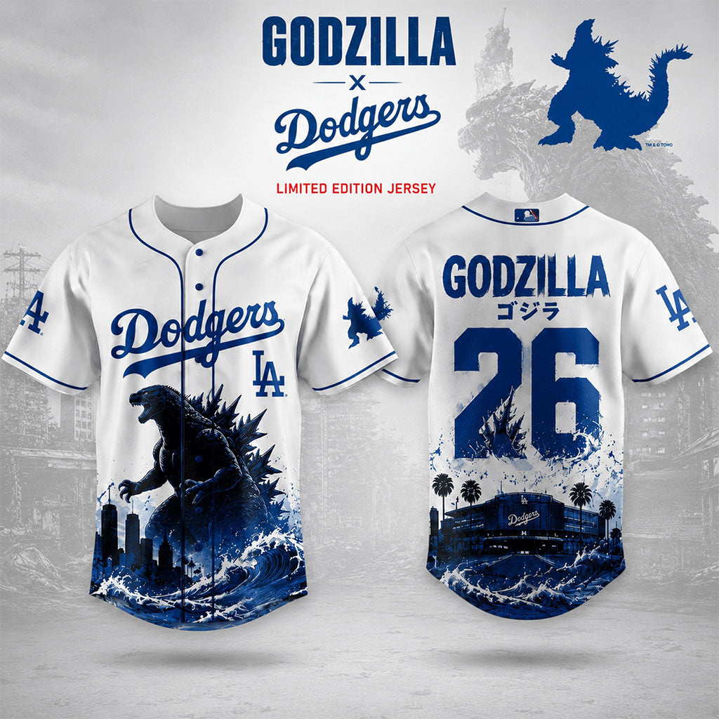 Los Angeles Dodgers X Godzilla Minus Zero Night 2026 Baseball Jersey Dodgers Merch Fan Gifts - Merchluma