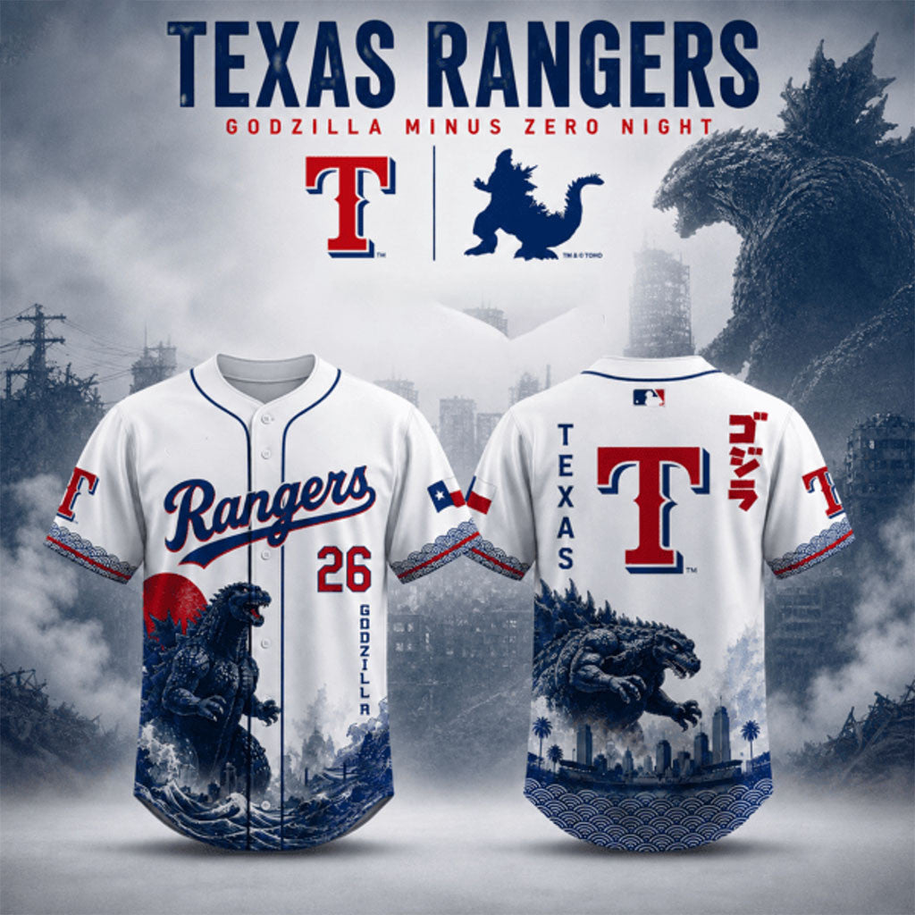 Texas Rangers X Godzilla Minus Zero Night 2026 Baseball Jersey Texas Rangers Merch Fan Gifts - Merchluma