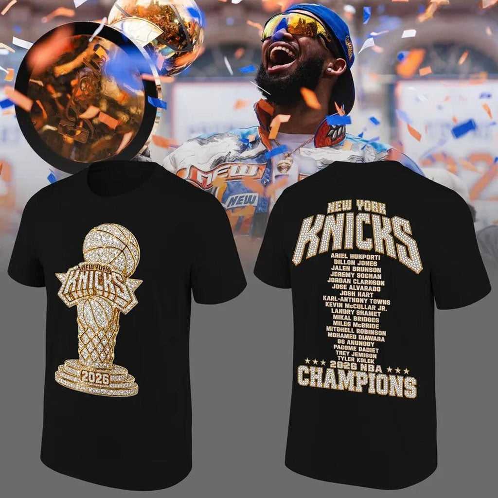 New York Knicks 2026 Champions T-Shirt Black Gold Trophy Shirt NY Knicks Merch Fan Gifts Ideas - Merchluma