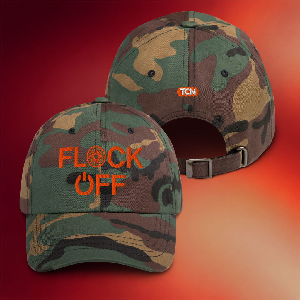 Tucker Carlson Merch 2026 Flock Off Camo Hat Embroidered Best Gifts For Friends - Merchluma