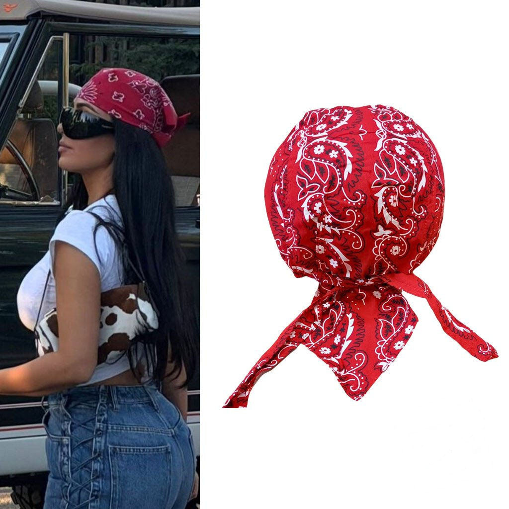 Kim Kardashian Red Durag Skull Cap Head Wrap Biker Motorcycle Du Do Dew Paisley Bandana - Merchluma