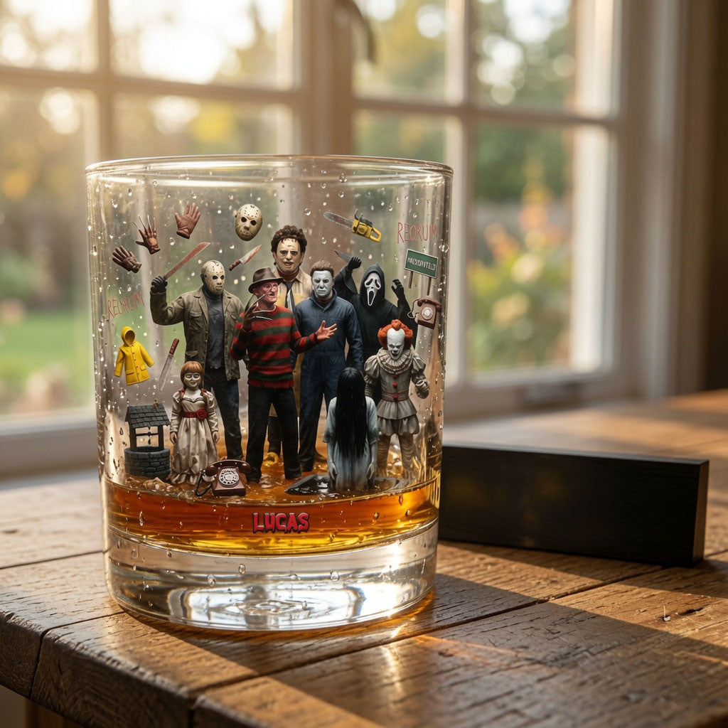 Personalized Horror Characters Scary Villain Drinking Whiskey Glass Halloween Merch Horror Gift - Merchluma