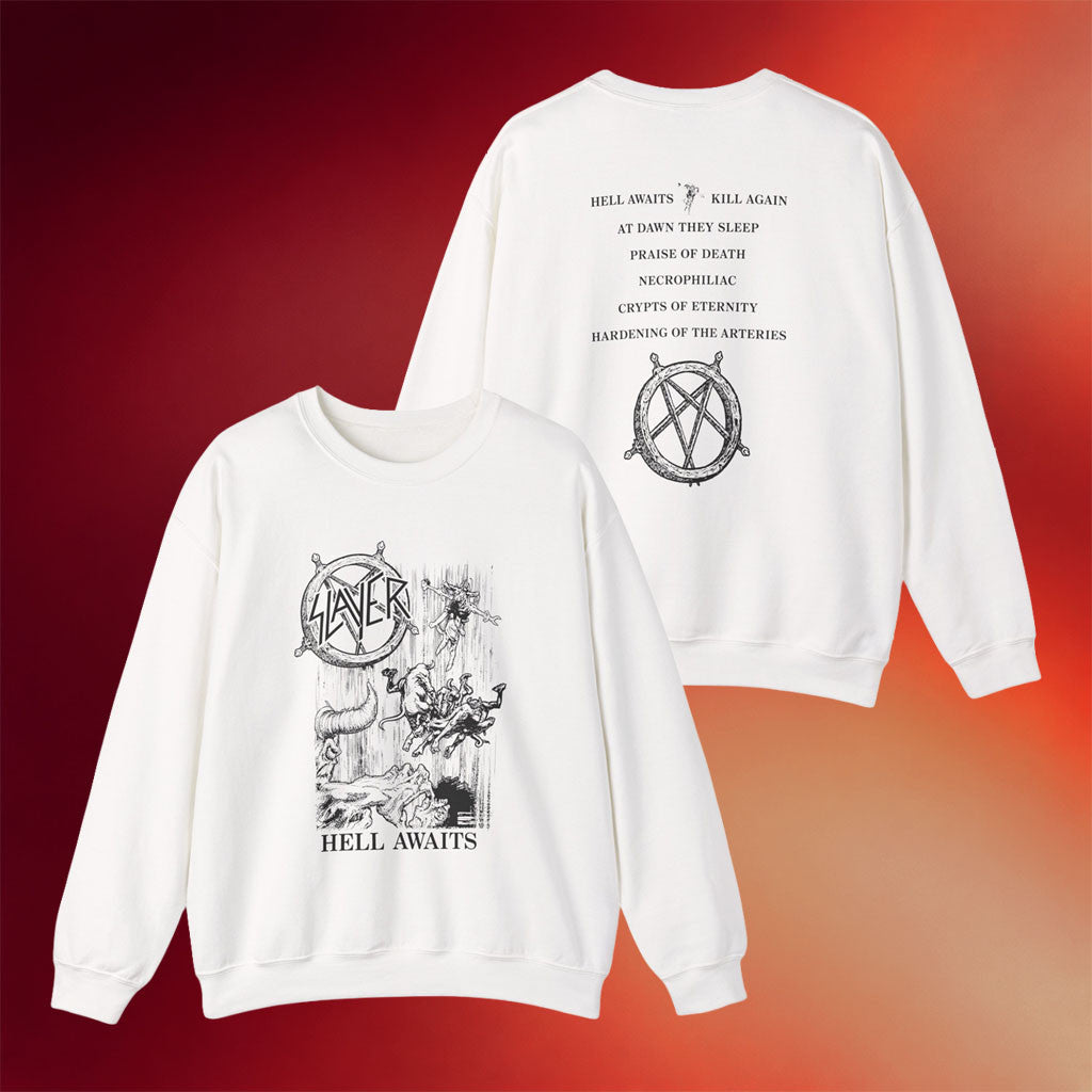 Slayr Merch 2026 Slayer Monochrome Hell Awaits Oil Sweatshirt White Gifts For Rap Lovers - Merchluma