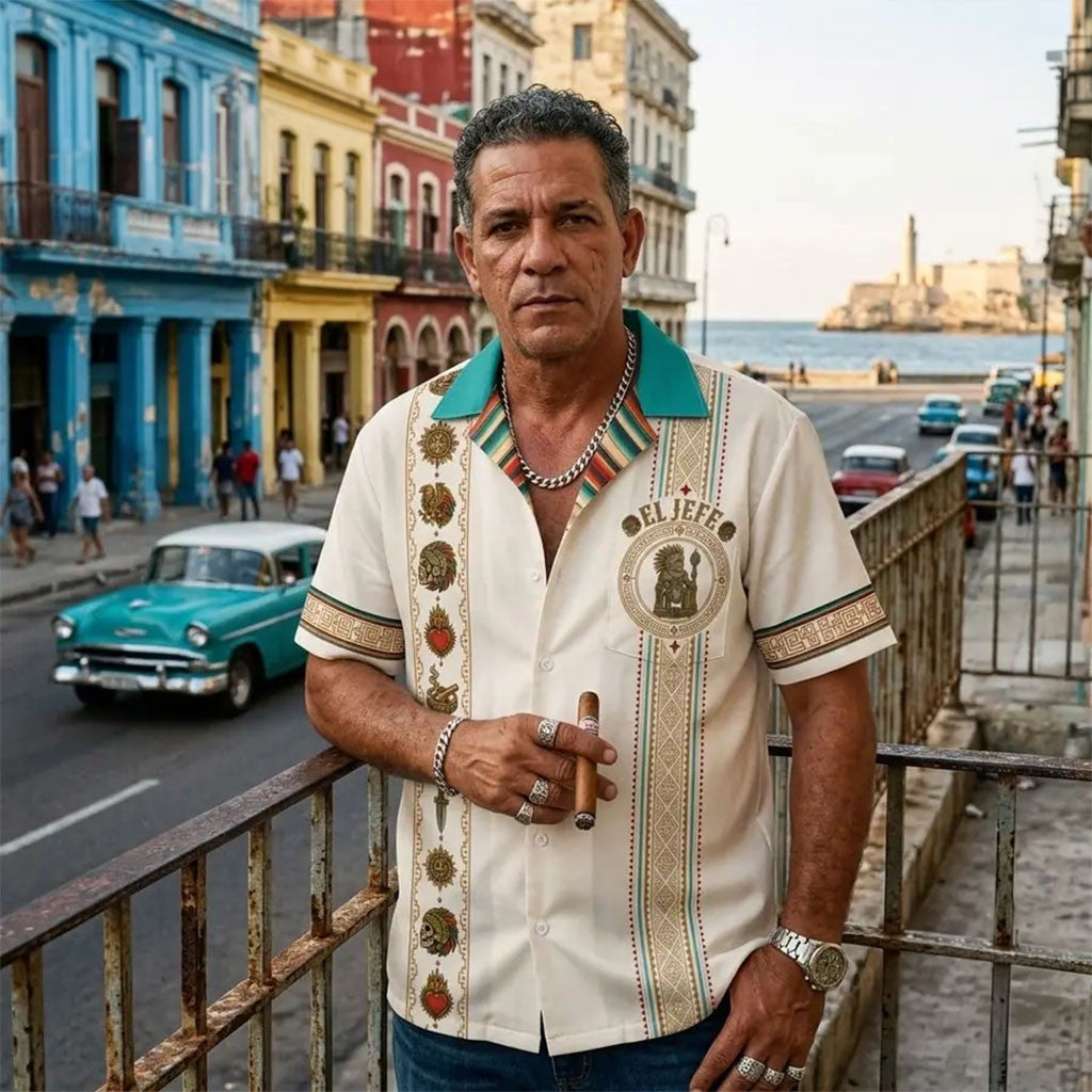 El Jefe Azteca Hueso Guayabera Hawaiian Shirt Birthday Present For Dad - Merchluma