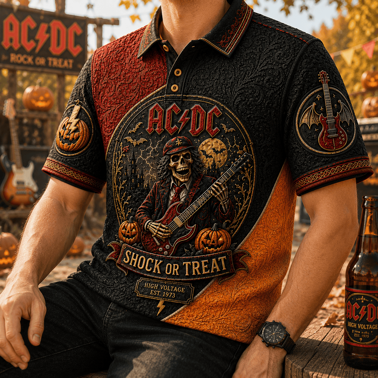 AC DC X Halloween Merch Shock Or Treat Polo Shirt Scary Halloween Outfits Gift For Band Fans - Merchluma