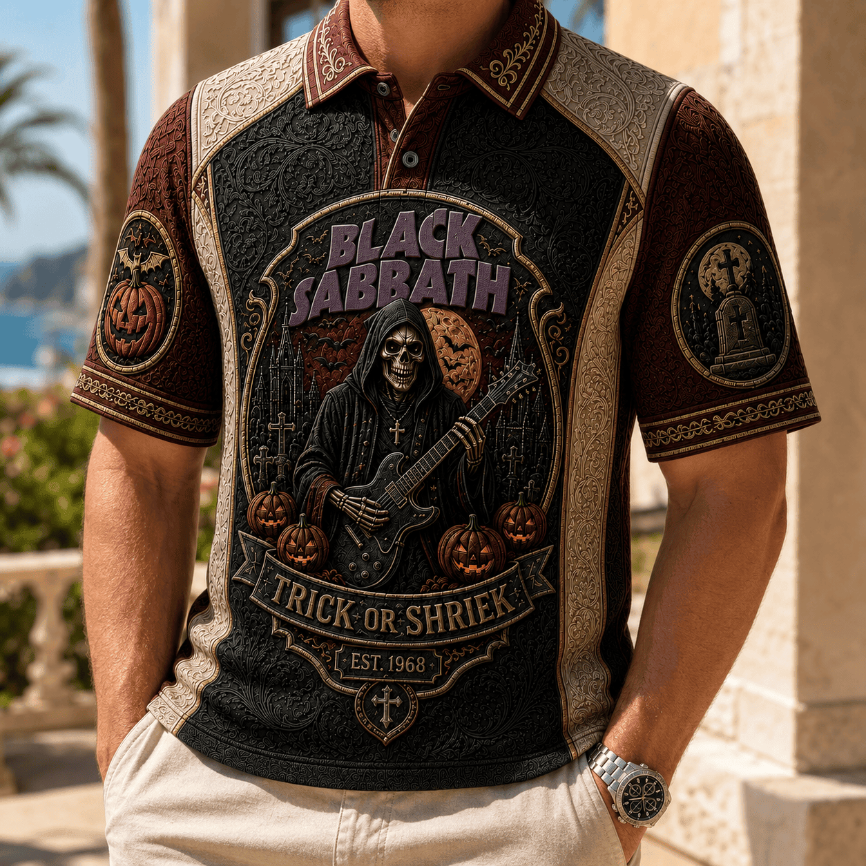 Black Sabbath Trick Or Shriek Polo Shirt Black Sabbath Merch Halloween Ideas For Gifts - Merchluma