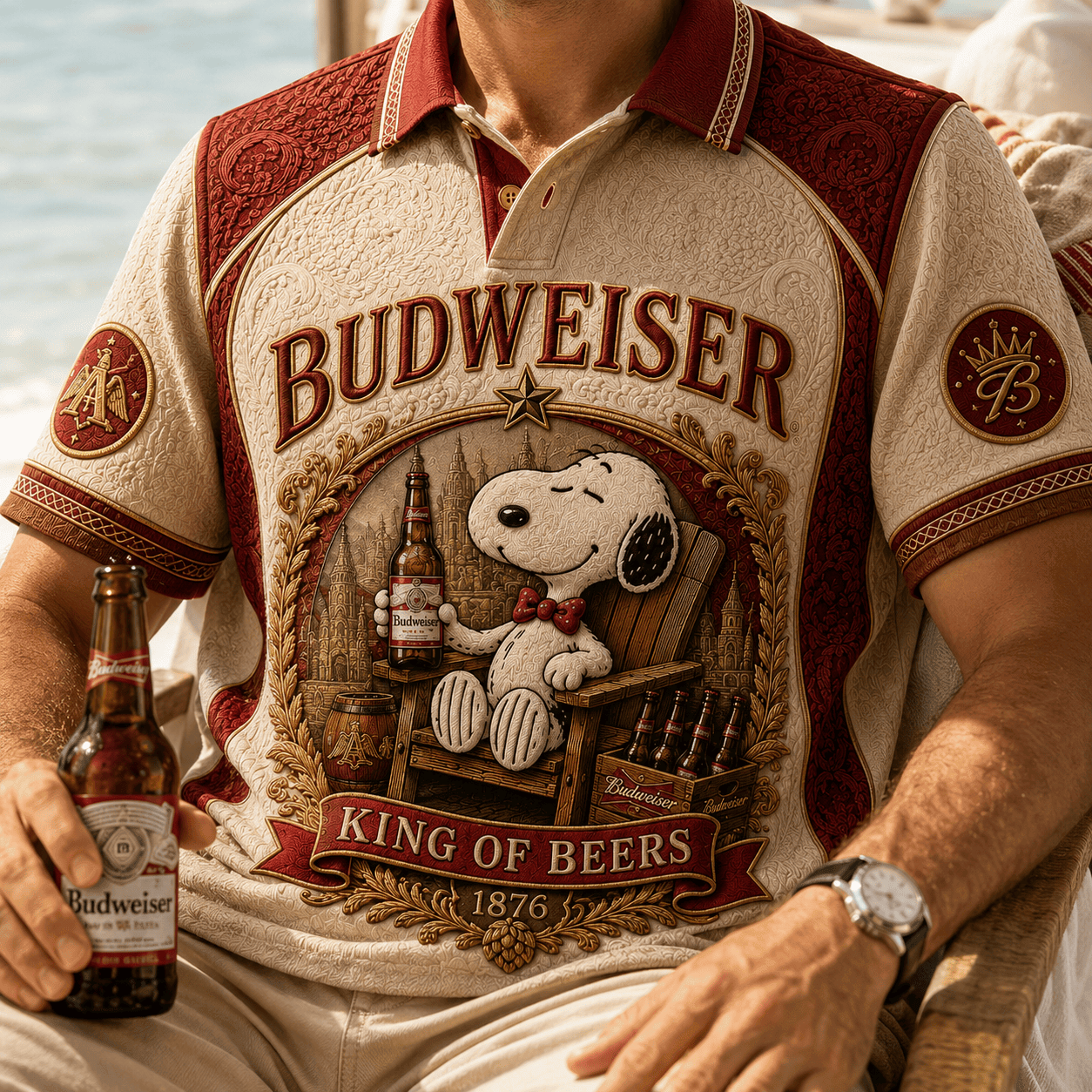 Budweiser X Snoopy King Of Beer Polo Shirt Budweiser Merch Best Birthday Gift For Husband - Merchluma