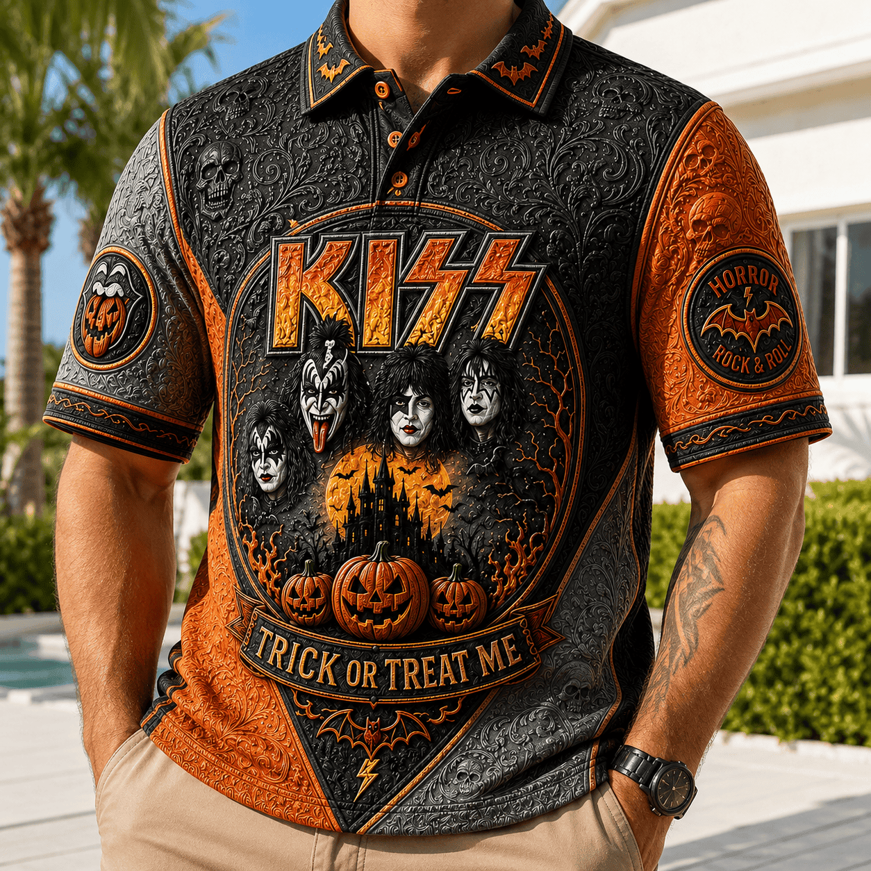 KISS Band X Halloween Merch Trick Or Treat Me Polo Shirt Halloween Themed Clothes Fan Gifts - Merchluma