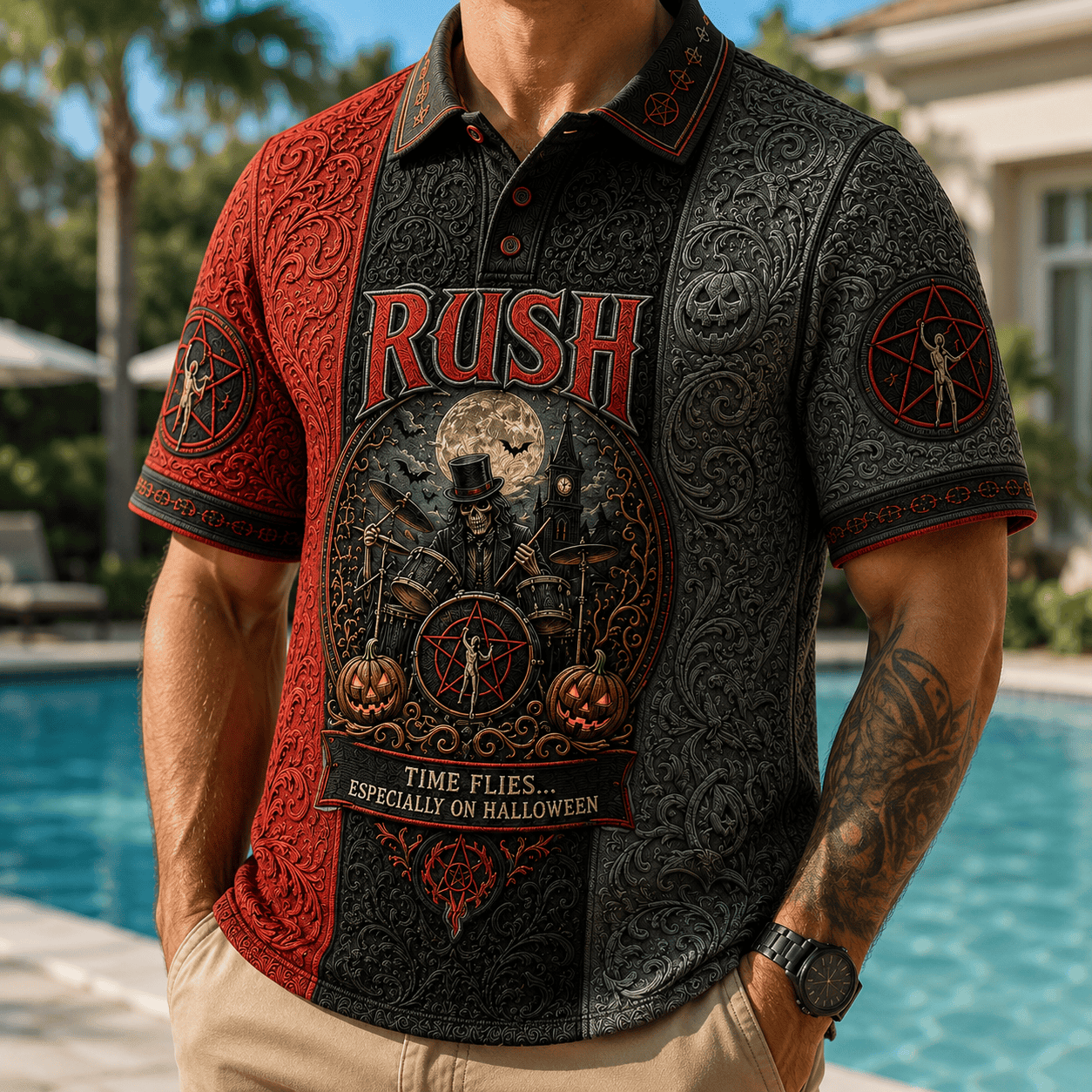 RUSH Band Time Flies Especially On Halloween Polo Shirt RUSH Merch Gift Ideas Halloween - Merchluma
