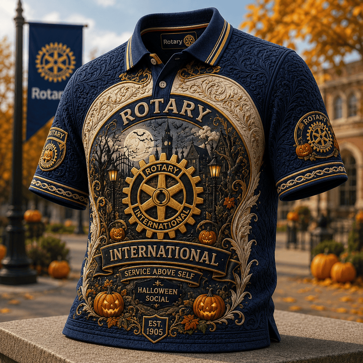 Rotary International Halloween Social Polo Shirt Service Above Self Halloween Apparel Dad Gifts - Merchluma