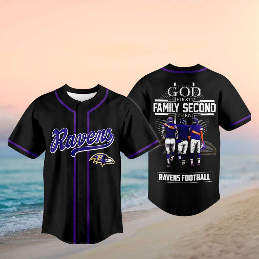 Baltimore Football God First Family Second Baseball Jersey Baltimore Ravens Merch Fan Gifts - Merchluma