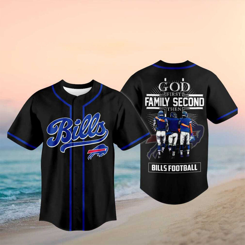 Buffalo Bills God First Family Second Baseball Jersey Buffalo Football Merch Gift For Religious - Merchluma