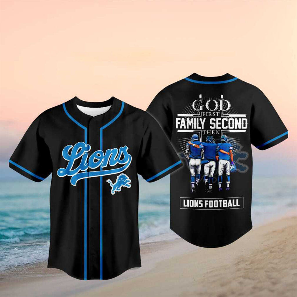 Detroit Lions God First Family Second Baseball Jersey Detroit Lions Merch Football Lover Gifts - Merchluma