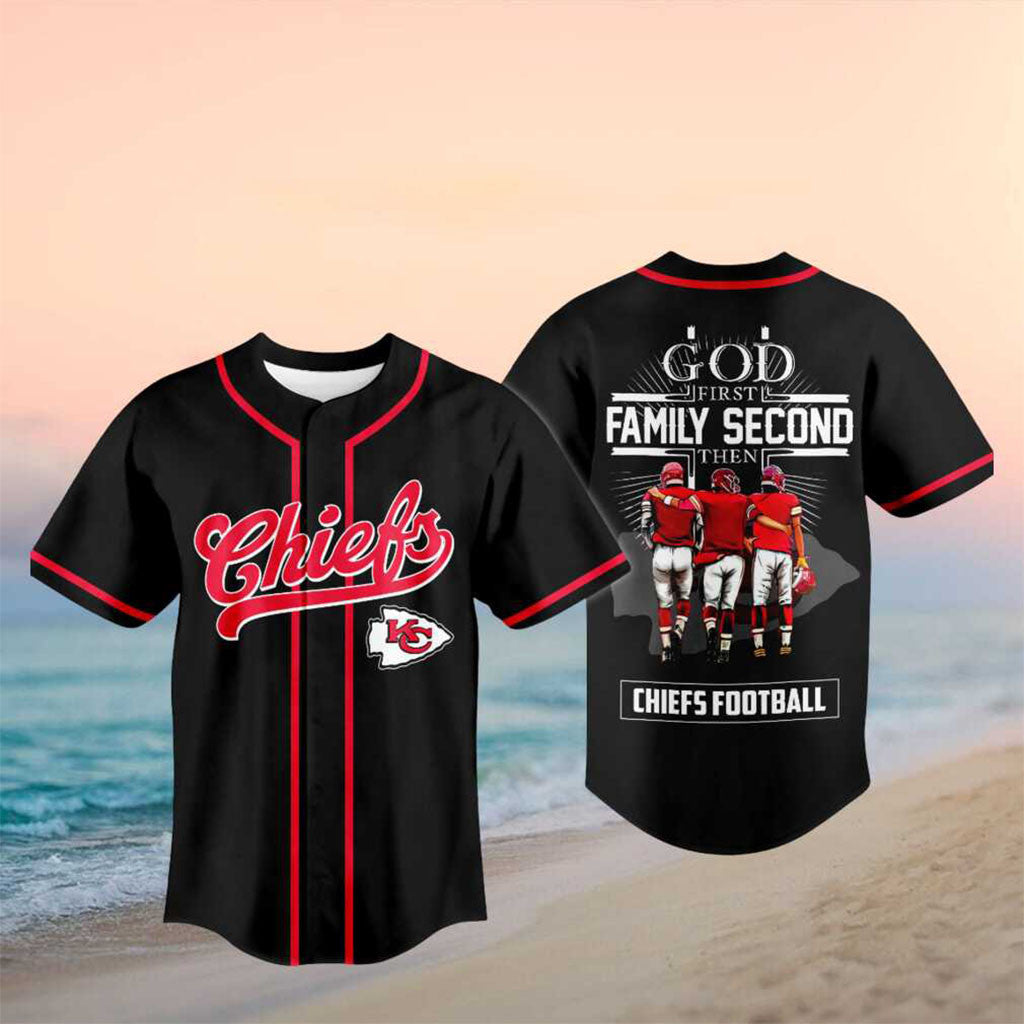 Kansas City Chiefs God First Family Second Baseball Jersey KC Chiefs Merch Football Fan Gifts - Merchluma