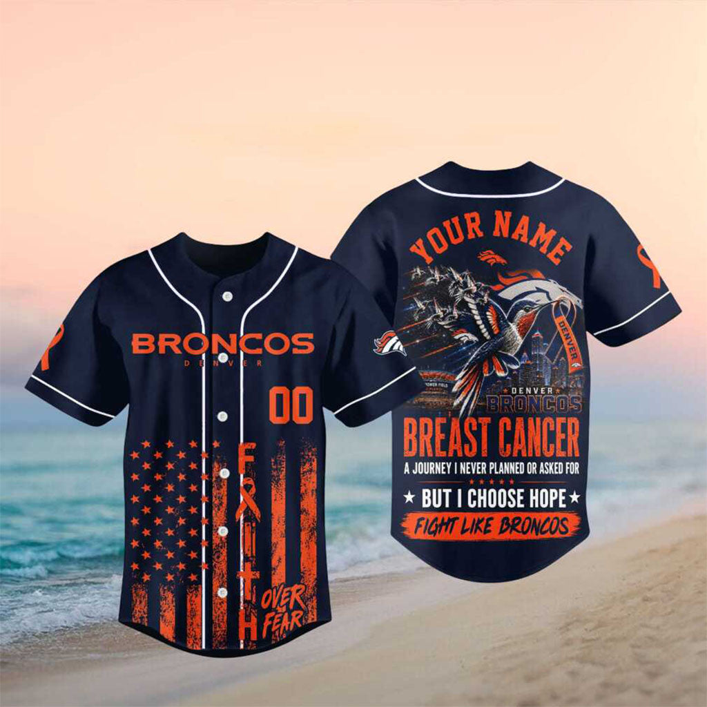 Custom Denver Broncos Hummingbird Breast Cancer Faith Baseball Jersey Denver Broncos Merch - Merchluma