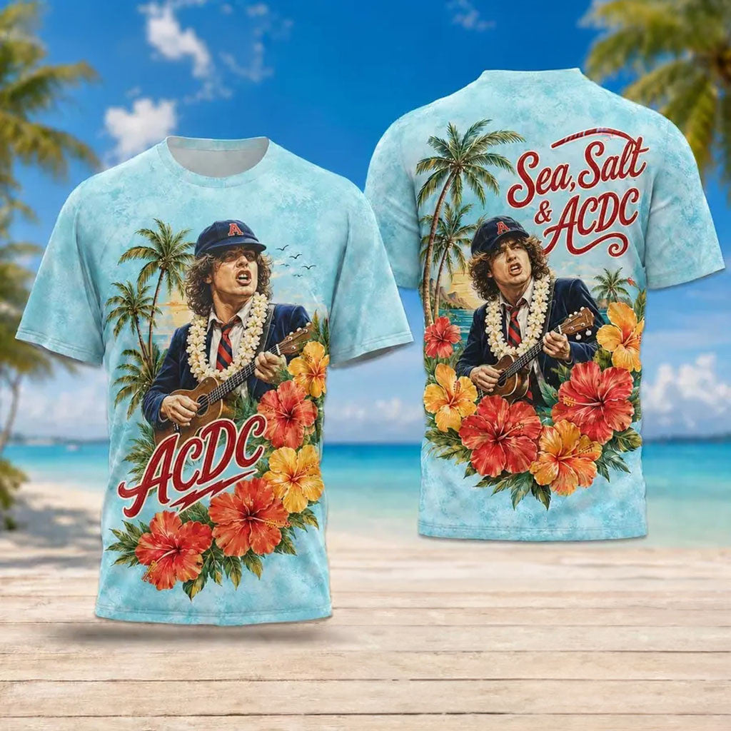 AC DC Hibiscus Tropical Vibes T-Shirt Sea Salt Shirt AC DC Merch Present For Band Fans - Merchluma