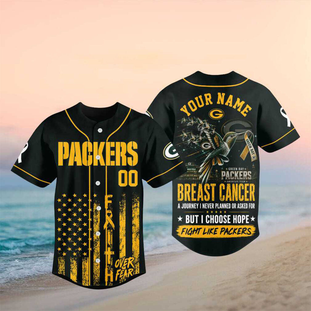 Custom Green Bay Packers Breast Cancer Awareness Faith Over Fear Baseball Jersey Packers Merch - Merchluma