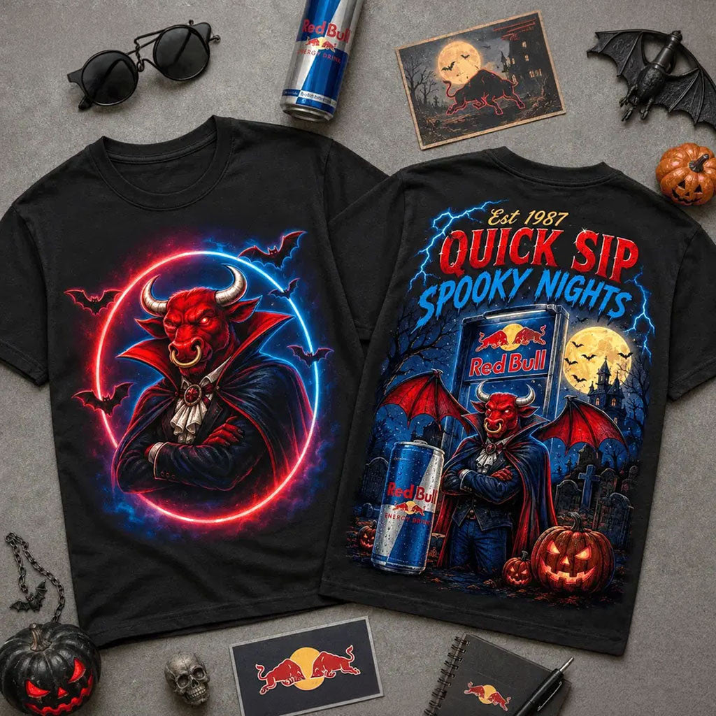 Red Bull Quick Sip Spooky Night Halloween 2026 T-Shirt Red Bull Merch Halloween Gift Ideas - Merchluma