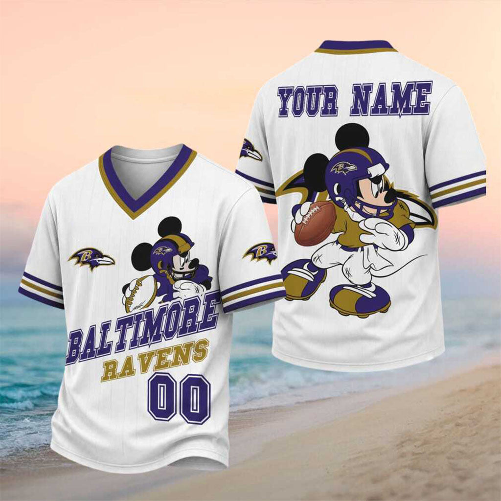 Personalized Baltimore Football Mickey Mouse V-Neck Shirt Baltimore Ravens Merch Game Day Gifts - Merchluma