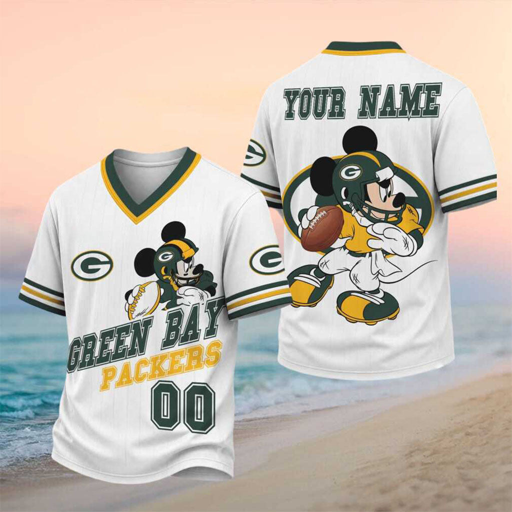 Personalized Green Bay Packers Mickey Mouse V-Neck Shirt Packers Merch Gift For Football Lover - Merchluma