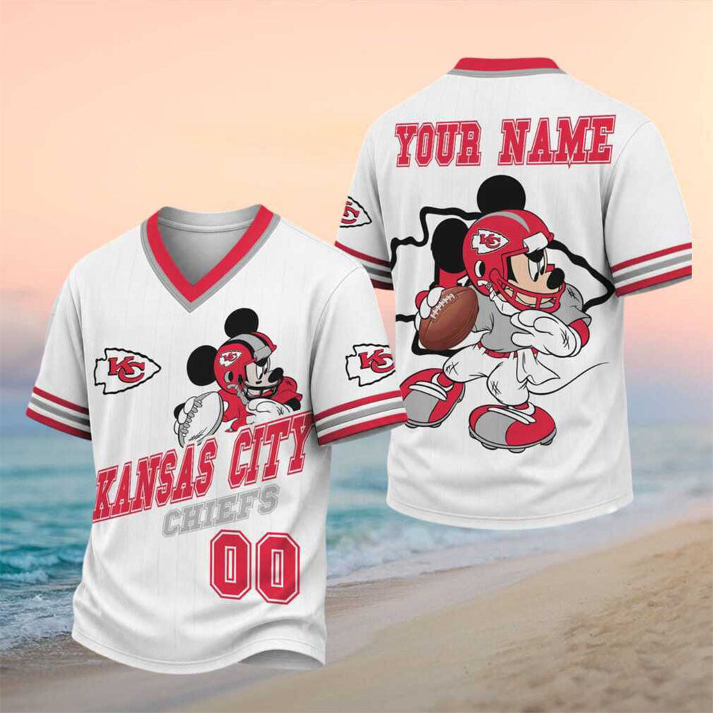 Personalized Kansas City Chiefs Mickey Mouse Football V-Neck Shirt KC Chiefs Merch Fan Gifts - Merchluma
