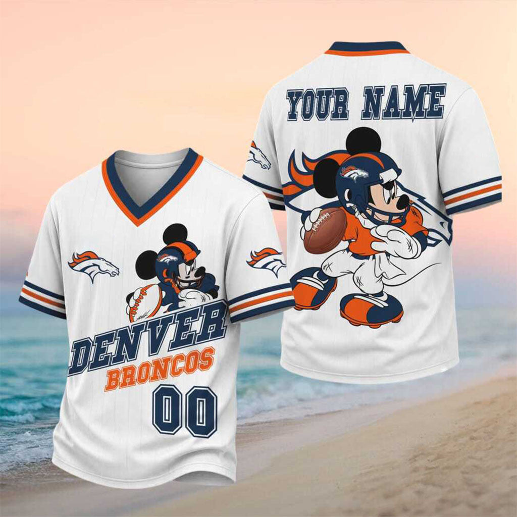 Personalized Denver Broncos Mickey Mouse V-Neck Shirt Denver Broncos Merch Gift For Fans - Merchluma