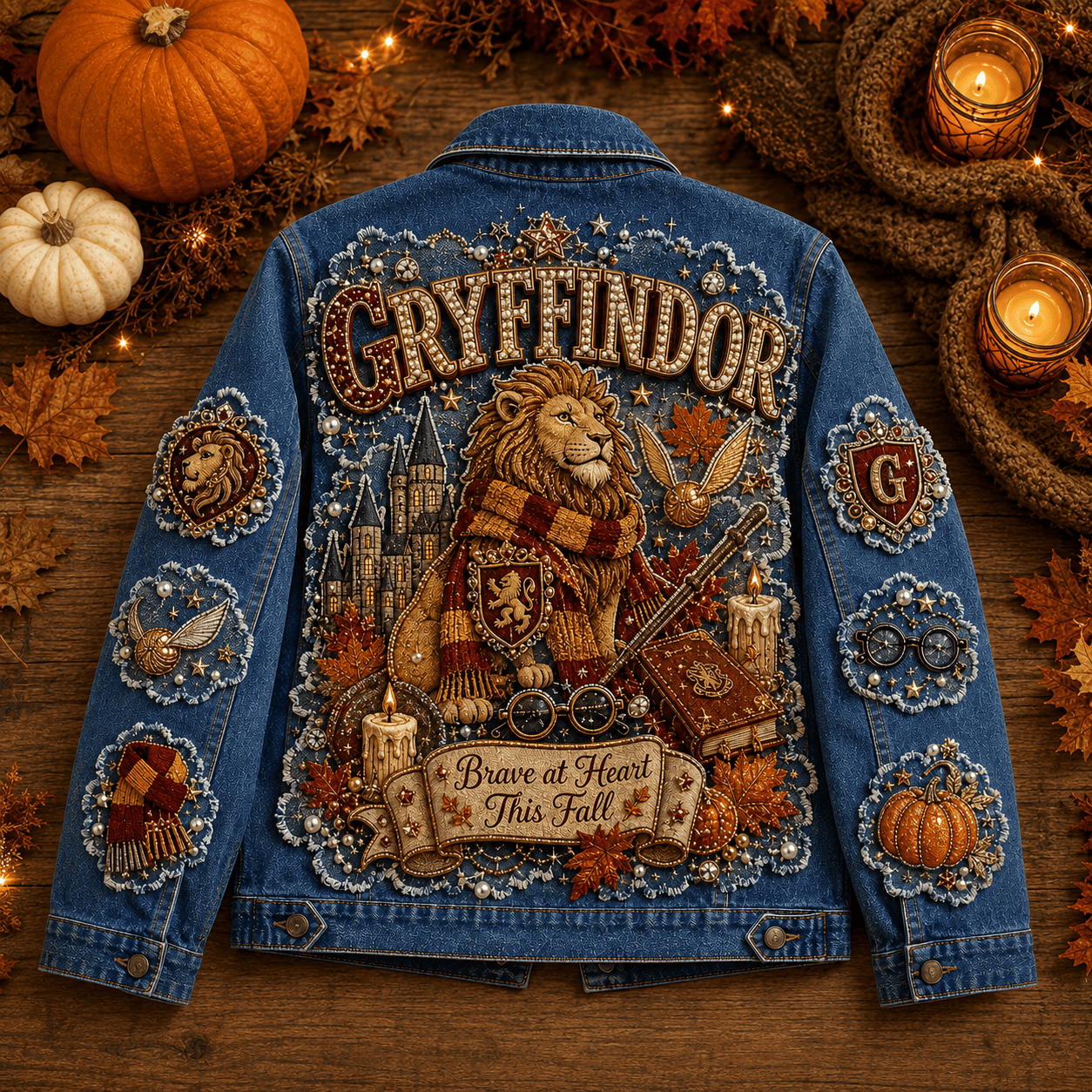 Gryffindor Brave At Heart This Fall Denim Jacket Harry Potter Merch Gifts For Friends - Merchluma