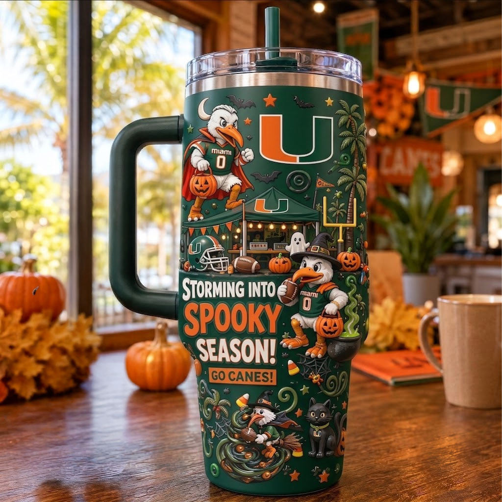 Miami Hurricanes Storming Into Spooky Season Go Canes Tumbler Hurricanes Merch Fans Gifts - Merchluma