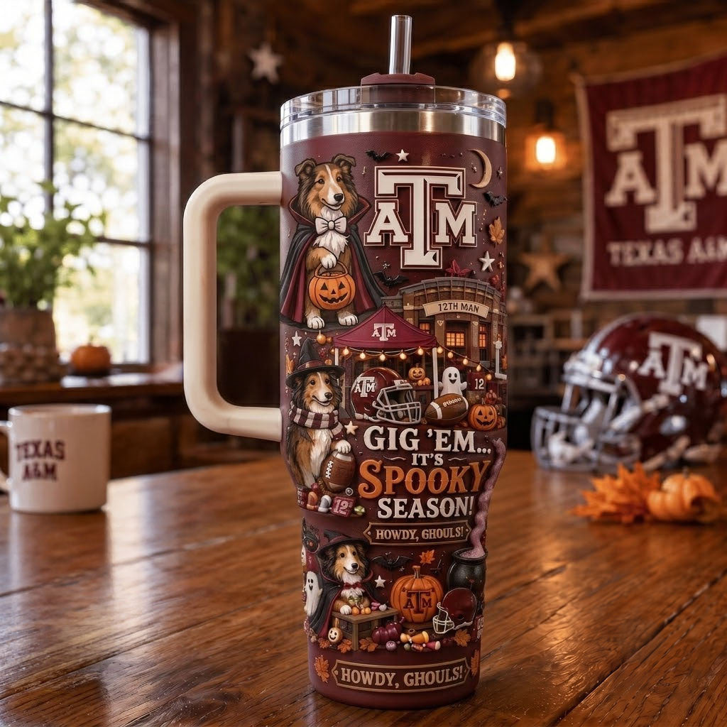 Texas A&M Aggies Gig Em It's Spooky Season Tumbler Aggies Merch Gifts For Halloween Lovers - Merchluma