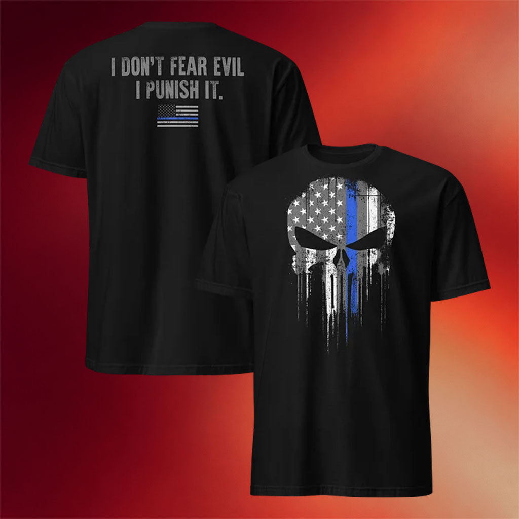 1 Nation Design Merch 2026 Punish Evil Thin Blue Line T-Shirt Black Patriotic Gift Items - Merchluma