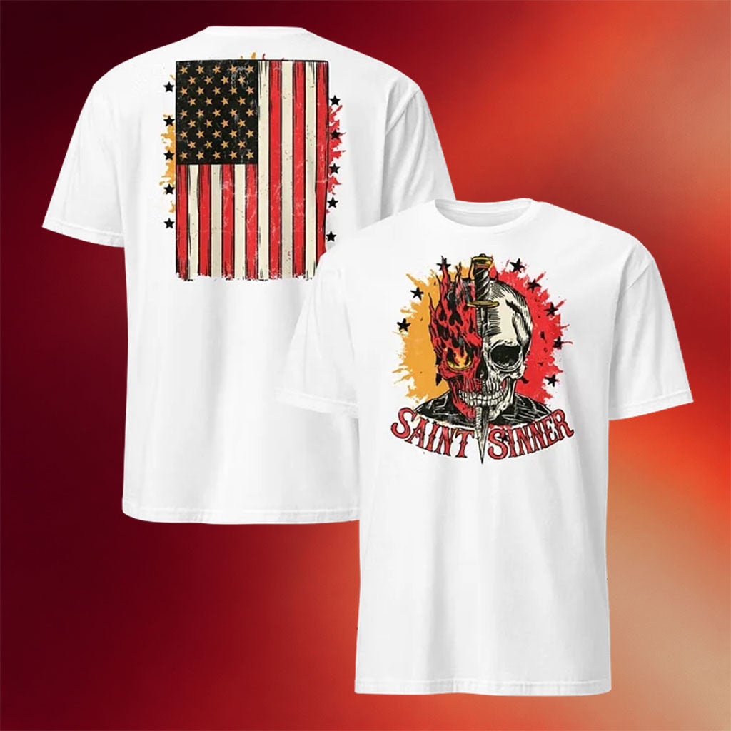 1 Nation Design Merch 2026 Saint Sinner T-Shirt White USA Flag Shirt Patriotic Gift Ideas - Merchluma