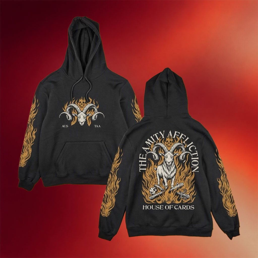 The Amity Affliction Merch 2026 The Amity Affliction Goat Black Hoodie House Of Cards Hoodie - Merchluma