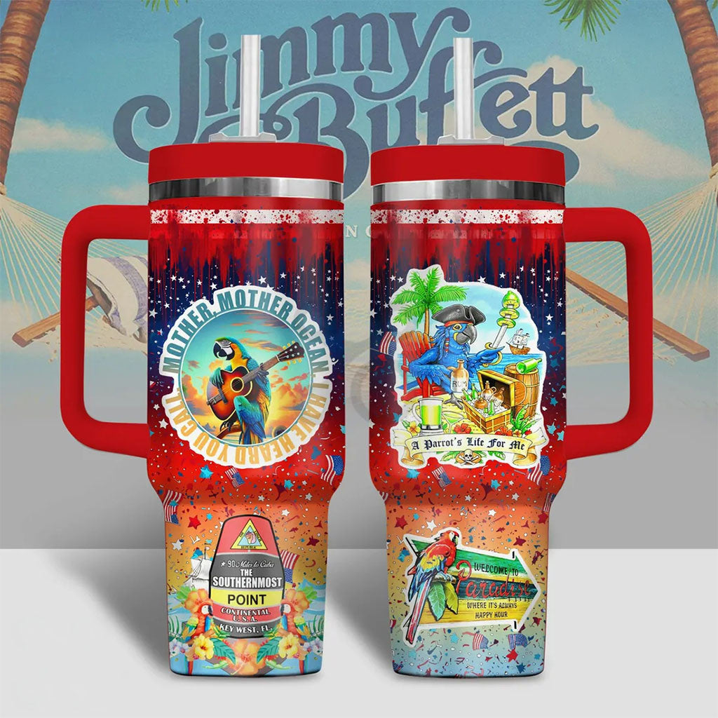 Jimmy Buffett Parrot Tropical 40oz Tumbler Jimmy Buffett Merch Best Gift For Friends - Merchluma