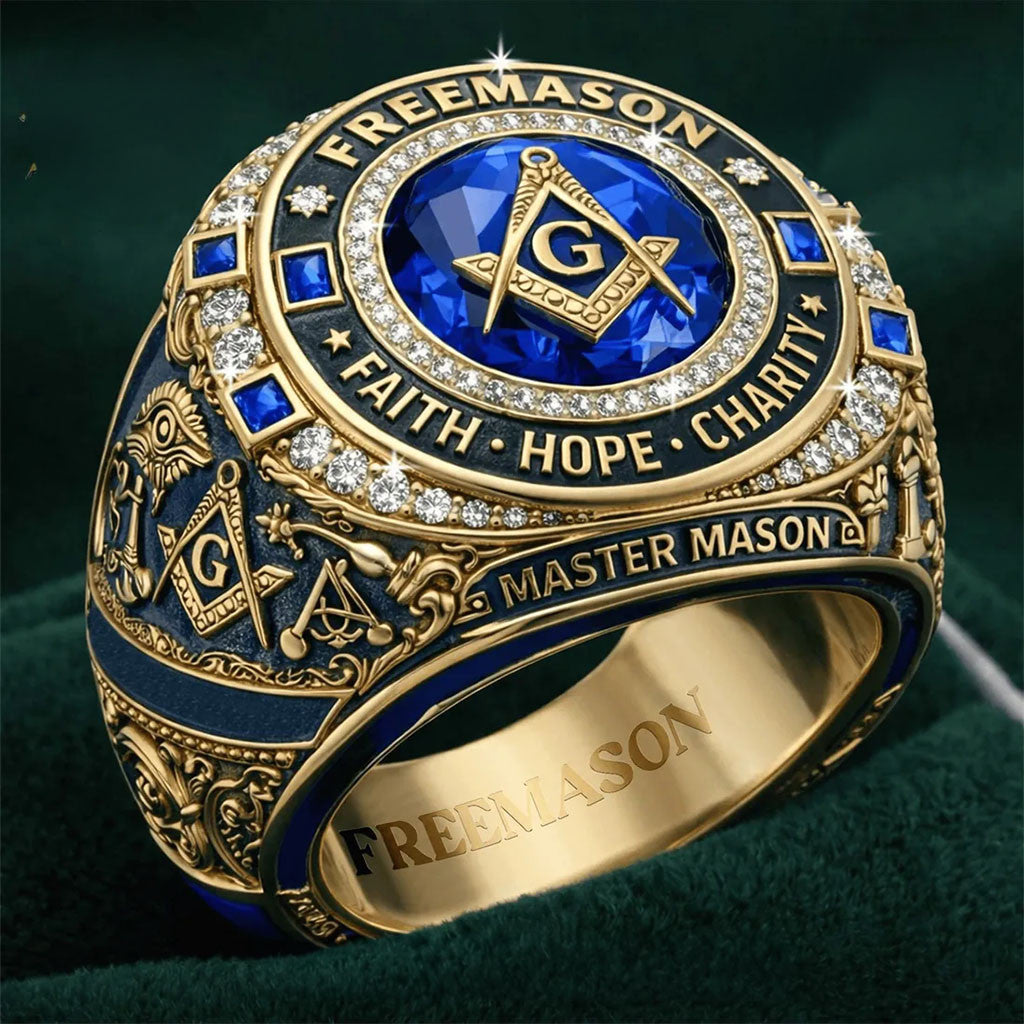 Freemason Master Mason Blue Stone Gold Ring Faith Hope Charity Freemason Merch Dad Gifts - Merchluma