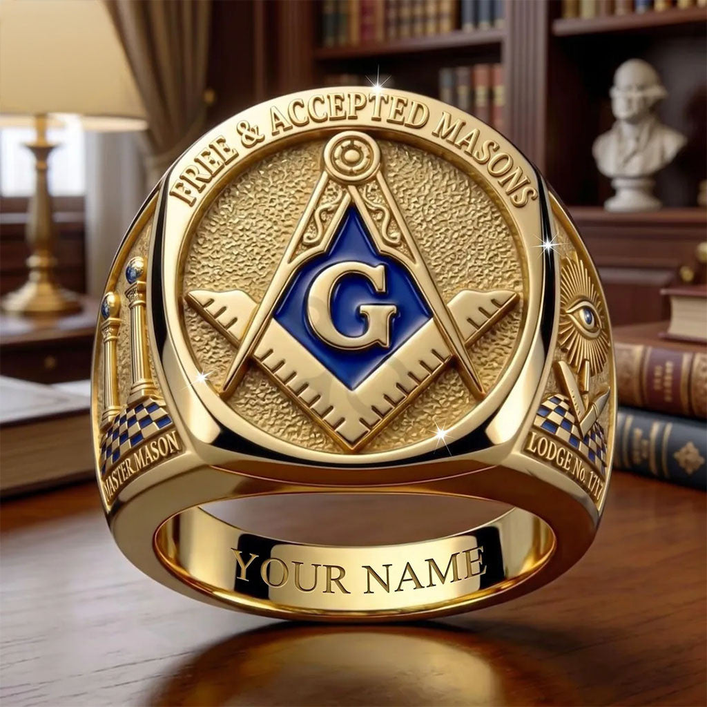 Personalized Gold Freemason Square And Compass Master Mason Ring Useful Gift For Fathers - Merchluma