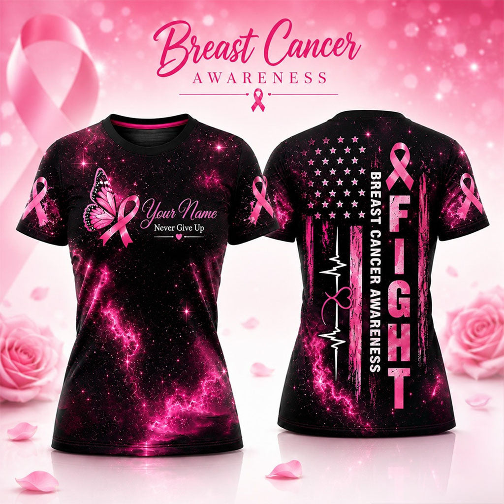Personalized Breast Cancer Awareness Fight Pink Ribbon Butterfly Flag ECG T-Shirt Mom Gifts - Merchluma