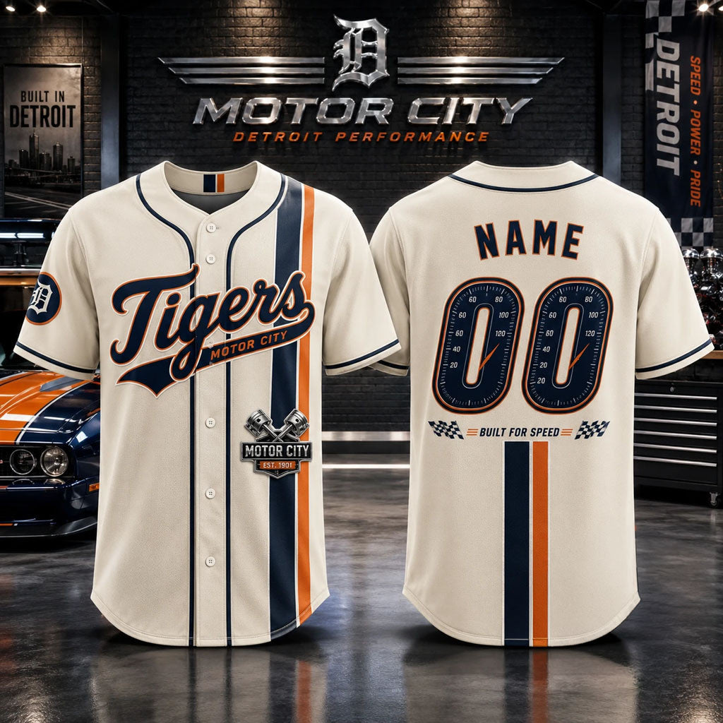 Personalized Detroit Tigers Motor City Built For Speed Automotive Baseball Jersey Fan Merch - Merchluma