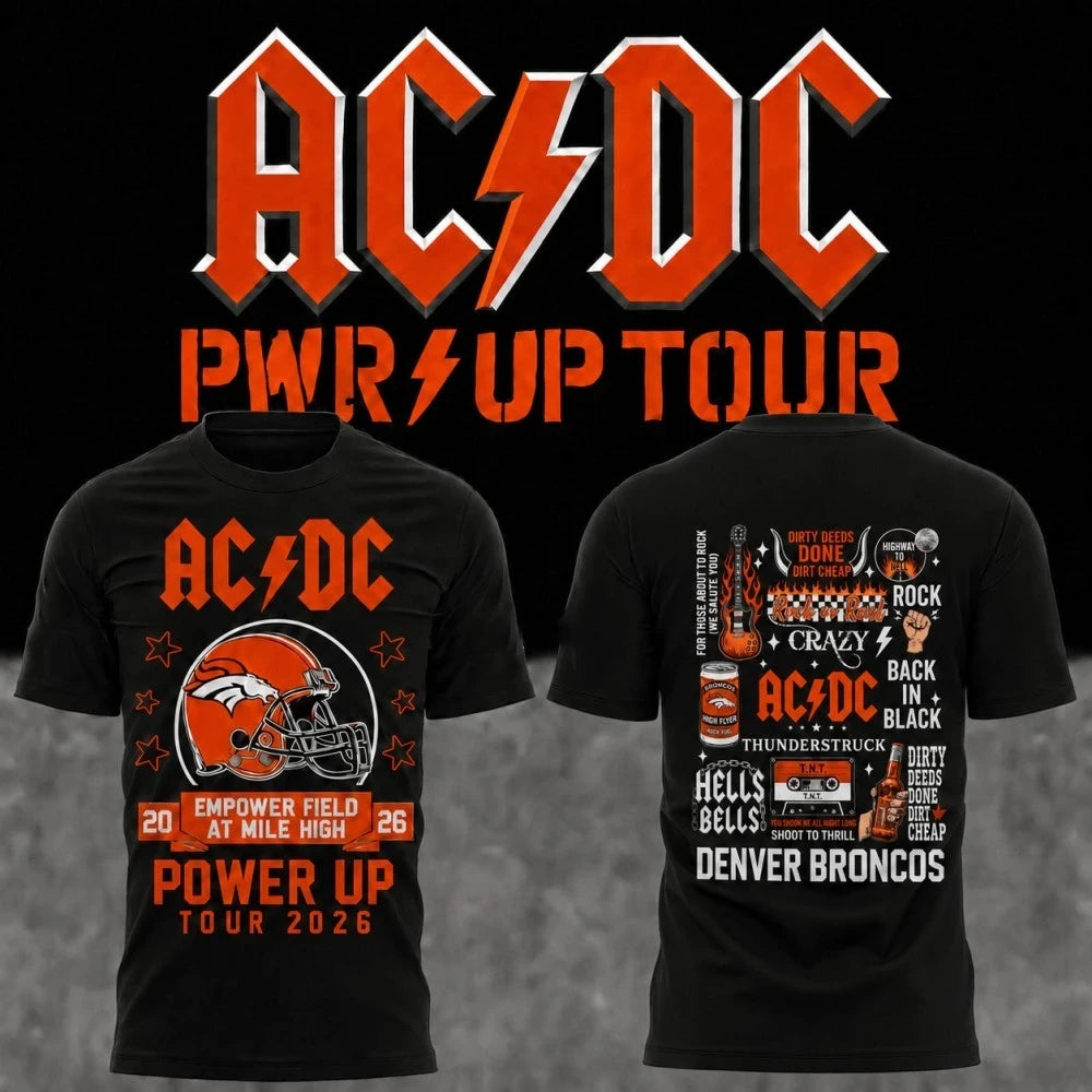 ACDC X Denver Broncos Merch ACDC Power Up Tour 2026 T-Shirt Black Gift Ideas For Music Lovers - Merchluma