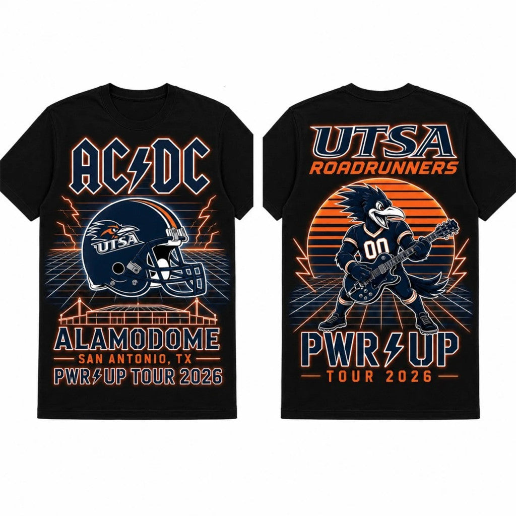 ACDC X UTSA Roadrunners Merch ACDC San Antonio Texas Concert Shirt Power Up Tour Apparel Black - Merchluma