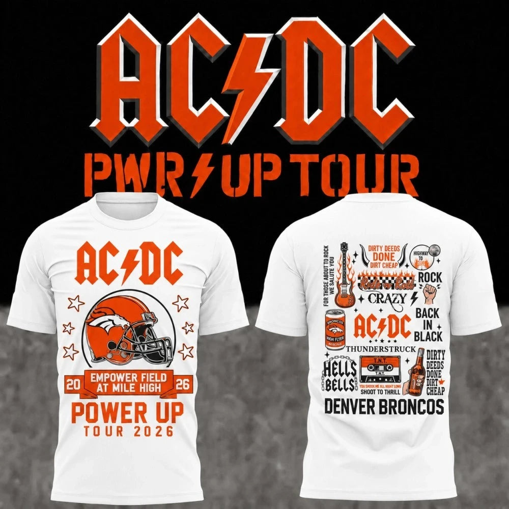 ACDC X Denver Broncos Merch 2026 ACDC Power Up Tour T-Shirt White Concert Outfit Gift For Fans - Merchluma