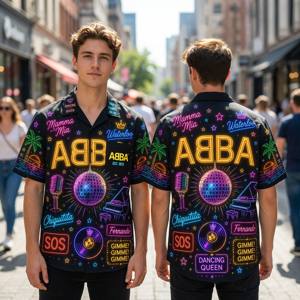 ABBA Neon Disco Pop Band Retro 70s Music Summer Hawaiian Shirt ABBA Merch Gift For Dad - Merchluma